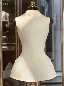 GlowEve 新款女士珍珠拼接无袖优雅上衣 - 杏色 - 查看 2