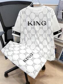 SHEIN 2件組 青少年男孩白色夏季街頭生活休閒圖案 Street Fashion King 印花圓領短袖T恤與印花短褲套裝 - 白色 - 查看 4