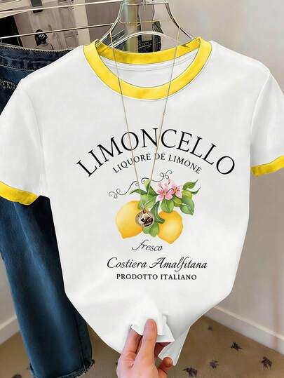 Resyla Camiseta de manga corta de cuello redondo con estampado de lema y limón, de estilo casual de verano para mujer