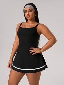 Rhythm Era 大码女式休闲无袖连衣裙，露背设计，撞色拼接，内置短裤和口袋，适合日常休闲穿着、跑步、瑜伽、健身、网球等运动。