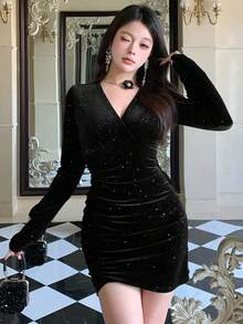 DAZY 女士优雅水钻褶皱紧身连衣裙，秋季闪亮连衣裙 - 黑色 - 查看 4