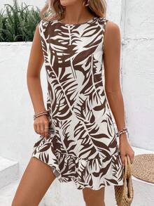 Breezaya 女士夏季热带植物印花露背打结无袖度假风直筒连衣裙，适合海滩度假穿着 - 棕色 - 查看 6