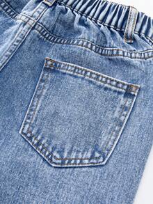 Jeans de pierna ancha con lavado desgastado y bordado de copos de nieve para niñas preadolescentes - Azul lavado medio - Ver 8