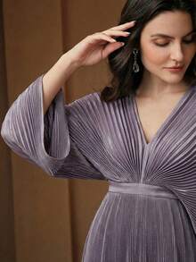 Anewsta 优雅复古欧美风紫色V领蝙蝠袖高腰露背褶皱连衣裙（女款） - 紫色 - 查看 4