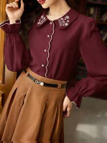 Vintamour Áo sơ mi nữ cỡ lớn kiểu dáng cổ điển thanh lịch thêu hoa, cài nút, thích hợp cho công việc, kỳ nghỉ, mùa đông, Giáng sinh, Lễ Tạ ơn và Năm mới. - Màu Đỏ Sâu - Xem 2