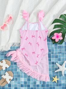 SHEIN 2pcs Young Girl Ditsy Floral Tankini Swimsuit Set,Colorful Flower Round Neck Long Sleeve Swimwear Top With Solid Pink Swim Shorts,Summer,Beach,Holiday - Pink - View 2