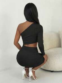 Allurite Women's One-Shoulder Hollow Pleated Slim Dress Fall Cloth For Women