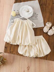LMoss Kids LMoss 2pcs Baby Girl Woven Solid Color Round Neck Casual Vest And Shorts Set,Kids - Apricot - View 2
