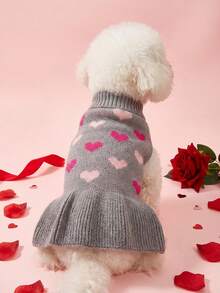 1pc Princess-Style Lapel Heart Two-Tone Knitted Soft Single-Layer Skirt Pet Cat/Dog Sweater Dress - Multicolor - View 5