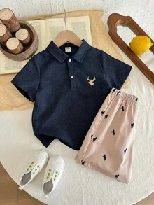 SHEIN LMoss Kids 2件套儿童/男童休闲日常百搭舒适时尚衬衫Polo衫和卡其裤套装，适合春夏季节日常穿着、运动、郊游、上学、聚会、度假、演出和拍照等场合。 - 彩色 - 查看 4