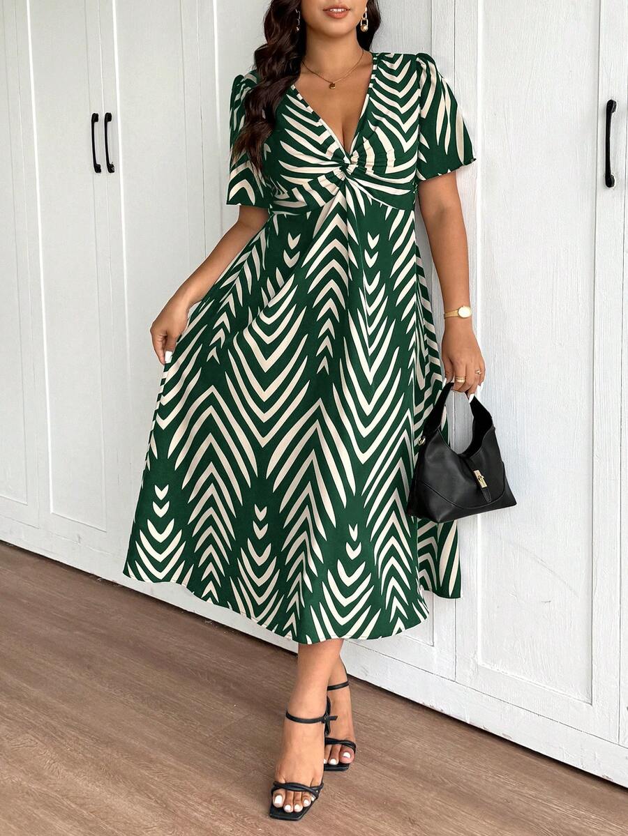 SHEIN Frenchy 大码女式条纹扭结设计荷叶袖优雅中长连衣裙 - 墨綠色 - 查看 1