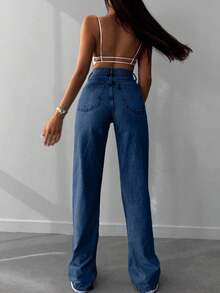 SHEIN 女款高腰毛邊直筒牛仔褲 - 寶藍色 - 查看 2