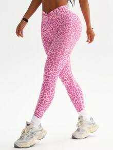 Dewbera 1pc Women's Seamless Sexy Leopard Print Tight High Elastic V-Waist Leggings For Running, Fitness, Cycling, Base Layer - Hot Pink - View 3
