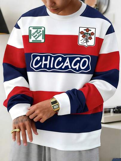 Aesthetic Post Camiseta de manga larga Manfinity Sporsity para hombre, camiseta deportiva de manga larga con bloques de color y parches a rayas, regalo para el Día de San Valentín, primavera a verano, para mi novio, Mardi Gras, vintage, ropa de calle, fiesta, Día de San Patricio, salir