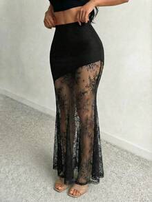 SHEIN SXY Women's Lace Patchwork Sexy Date Party Mini Skirt - Black - View 3