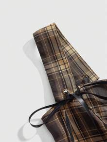 ROMWE Y2K Sexy Plaid Lace-Up Crop Top For Women - Multicolor - View 4