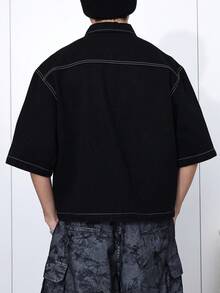 Manfinity Hypemode New Casual Black Collar Short Sleeve Jacket - Black - View 2