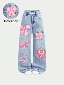 Girlism Girls' Bow & Donut Print Loose Fit Blue Denim Pants - Light Wash - View 2