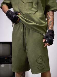 Manfinity VCAY Men's Applique Number Loose Knit Short Sleeve Crew Neck T-Shirt Set, Suitable For Summer - Army Green - View 4