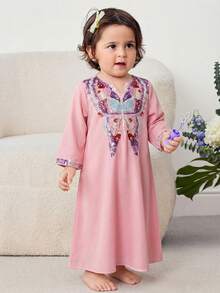 SHEIN Elegant & Cute Baby Girl Butterfly Sequin Print Long Sleeve Loose Dress, Pink - Multicolor - View 5
