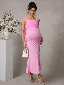 Momance Maternity Mesh Ruffle Front Panel Double Layer Fish Tail Hem Open Slit Maxi Dress