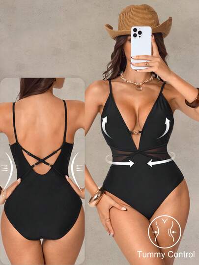 Shapewave 26SS Tummy Control Mesh Patchwork Criss-Cross One-Piece Swimsuit, Sexy Beach Vacation,2026 New Women's Swimwear ArrivalFor School,Suitable For Holiday, Date, Afternoon Tea, Western, Cruise, Beach, Island, Road Trip, All Seasons, Music Festival, Boho Vacation,Bohemian Vacation, Chill Autumn ,Western Boho ,Elegant Tops For Women