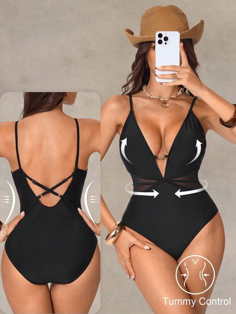 Shapewave 26SS Tummy Control Mesh Patchwork Criss-Cross One-Piece Swimsuit, Sexy Beach Vacation,2026 New Women's Swimwear ArrivalFor School,Suitable For Holiday, Date, Afternoon Tea, Western, Cruise, Beach, Island, Road Trip, All Seasons, Music Festival, Boho Vacation,Bohemian Vacation, Chill Autumn ,Western Boho ,Elegant Tops For Women Black One Piece Swimsuit Sexy One Piece Swimsuit Women One Piece Cut Out Swimsuit Tummy Control Swimsuit Black Bathing Suit Women One Piece Bathing Suit Tummy Control Cut Out One Piece Swimsuit - Black - View 1