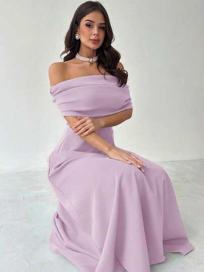 Firerie 女士优雅简约时尚浪漫性感连衣裙，露肩高腰A字伞裙，适合度假、通勤、约会，灰色连衣裙