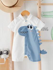 SHEIN Baby Boys & Girls Cartoon Dinosaur Pattern Turndown Collar Short Sleeve Romper Shorts Set, Casual Versatile - Multicolor - View 4
