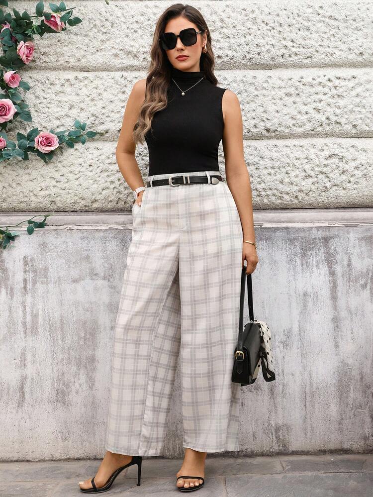 Plus Size Casual & Commuting Plaid Wide-Leg Pants For Summer/ Vacation,Spring Break Wide Leg Capri Pants Women Wide Leg Pants Checkered Pants Plaid Pants Wide Leg Summer Pants