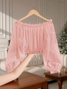 GlowEve Women's Fashion Sequin & Metallic Accent Off-Shoulder Lantern Sleeve Casual Crop Top - Baby Pink - View 3