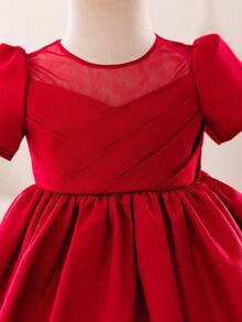 Glamorique Kids Váy ngắn tay bằng vải satin và lưới cao cấp cho bé gái, màu đỏ tía, thích hợp cho Giáng sinh, Halloween, tiệc tùng, sinh nhật, tiệc tối và biểu diễn cho bé gái - Màu Đỏ Sâu - Xem 5