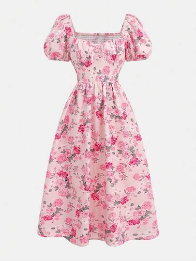 Girlism 少女碎花泡泡袖心形领口泡泡下摆连衣裙 / 碎花收腰A字连衣裙，粉色，休闲度假装，适合茶会、春夏穿着