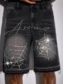 ROMWE MEN Street Life Pantalones cortos de mezclilla casuales para hombres con bolsillos desgastados y dobladillo deshilachado - Negro - Ver 4