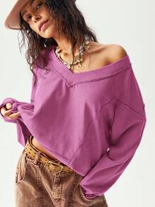 Bohemela 波西米亚风女士休闲纯色V领长袖宽松卫衣，秋冬季工作休闲上衣 - 玫紅色 - 查看 3