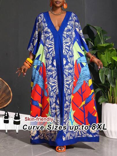 SHEIN CURVE+ Damklänning i plusstorlek 2026 Ny Sommar Mors dag Musikfestival Elegant Fest Utomhus Färg Löst Vävd V-ringad Geometrisk Djurmönster Plusstorlek Damklänning