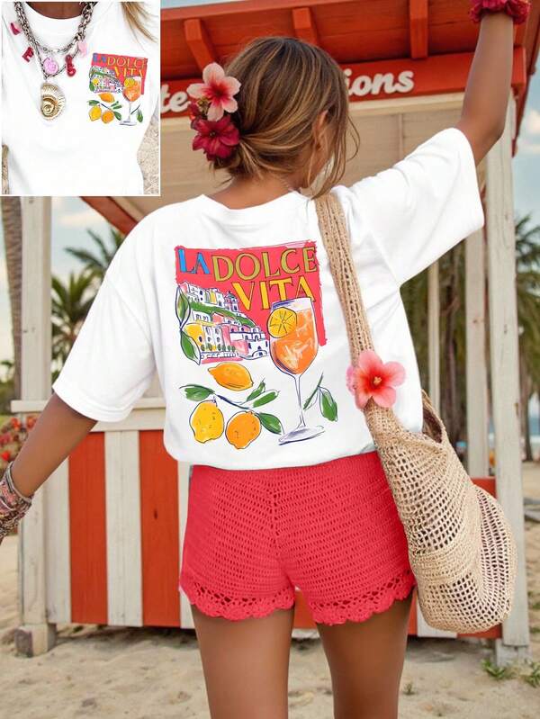 DrmWander Camiseta de manga corta de talla grande con estampado de casa y limón, de uso casual en verano