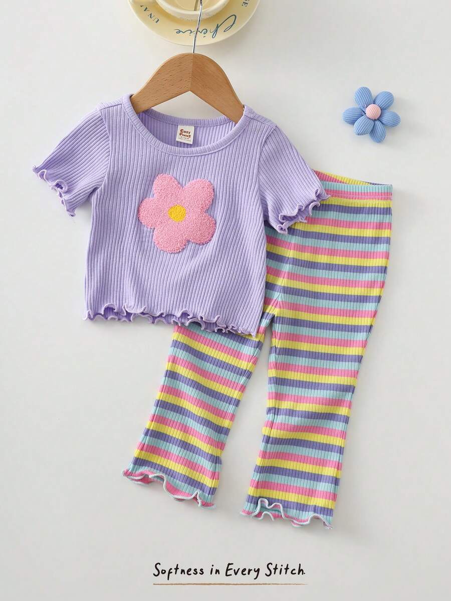 Cozy Pixies 2件套女婴/幼儿女童花卉刺绣柔软针织紫色短袖上衣和粉色彩色条纹弹力腰喇叭裤套装 - 彩色 - 查看 1