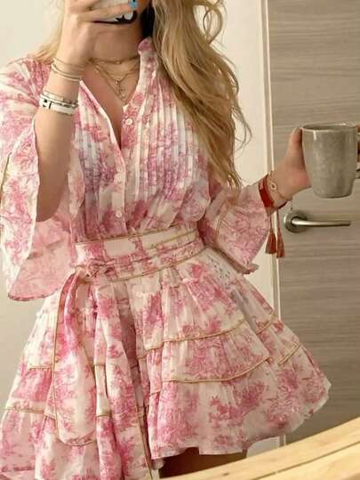 Cévolie Vestido casual, elegante y romántico con estampado para vacaciones con botones para mujer