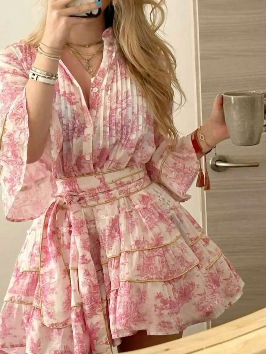 Cévolie 女士时尚休闲优雅浪漫度假印花纽扣连衣裙