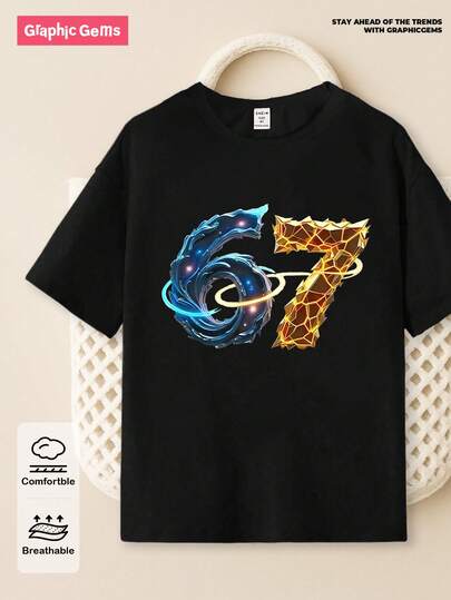 SHEIN GraphicGems Tween Boy Casual Snygg Kreativ Personlig Uppfriskande Minimalistisk Chic Digital 67 Linjedesign Tryck Enkel Kortärmad T-shirt, Bekväm Mysig Sommar & Höst