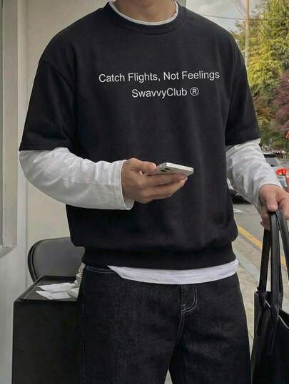 Manfinity Unisex 男士撞色二合一圆领长袖字母印花休闲T恤