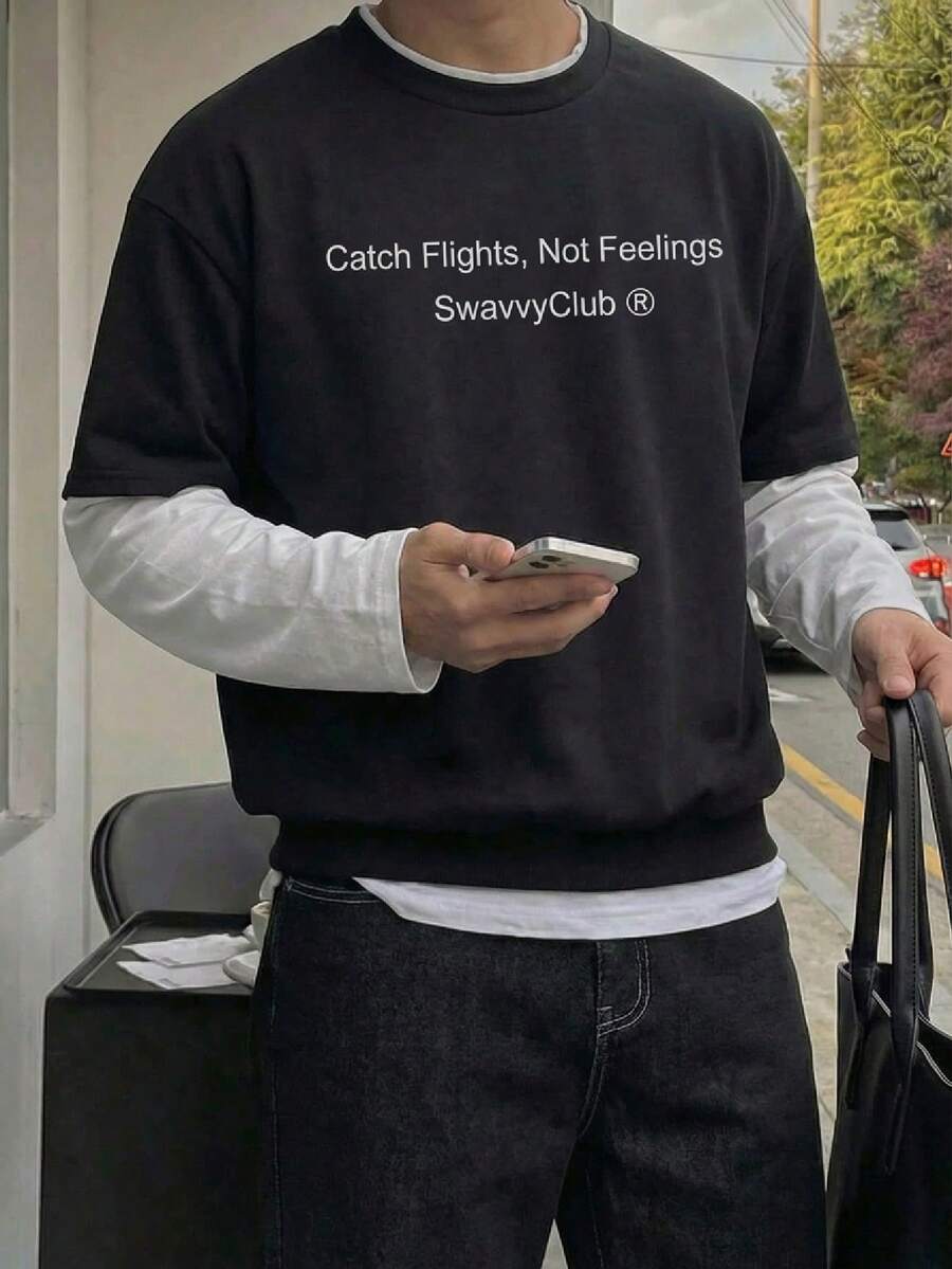 Manfinity Unisex 男士撞色二合一圆领长袖字母印花休闲T恤