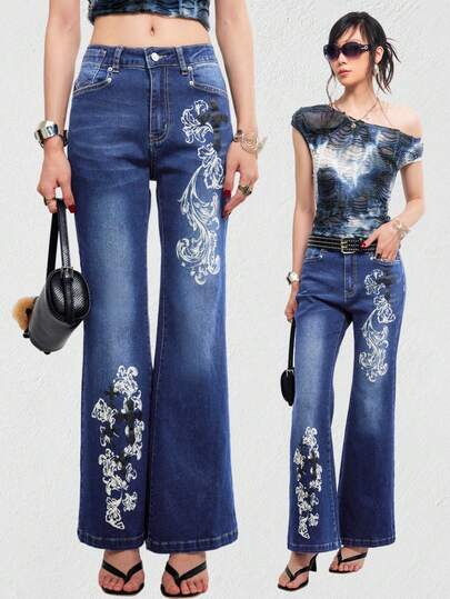 Bloopia Women's Floral Print Pocket Casual Retro Flared Jeans