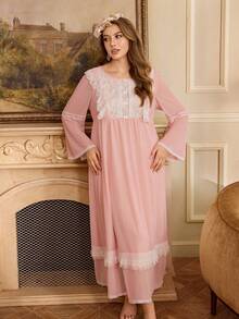 PalaceNights 大码女式休闲圆领蕾丝拼接蝴蝶结装饰喇叭袖家居服连衣裙 - 粉色 - 查看 5