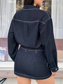 Rivivi 女士休闲通勤撞色缝线落肩宽松腰身修身牛仔连衣裙 - 藍色 - 查看 2