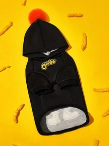 Cheetos X SHEIN 1 件可爱卡通豹纹印花毛球装饰宠物连帽运动衫，猫咪衣服，狗狗衣服，尺码 XXS-XXXXL，特小号，特大号，圣诞节，圣诞装饰 - 黑色 - 查看 3