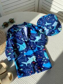 SHEIN 2pcs Baby Boy/Girl Casual Cute Shark Print Long Sleeve Swimsuit With Swim Cap, Suitable For Spring/Summer Vacation, Beach, Pool Party