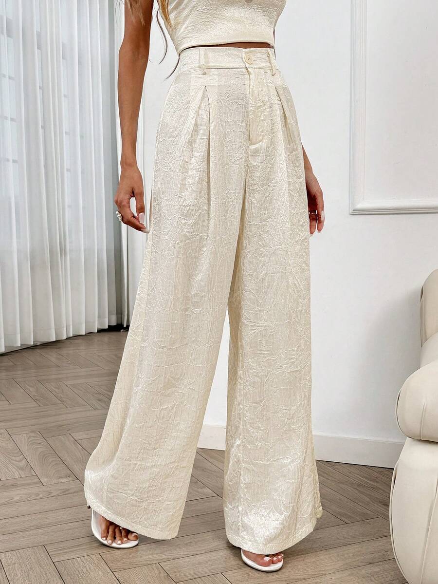 Easowa Women's Pleated Waist Zipper Front Wide Leg Pants, Crepe Satin Textured Fabric, Casual Relaxed Elegant Office/Vacation Trousers, Spring/Summer Boho Pants Wide Leg Summer Pants Cream Pants - Apricot - View 1