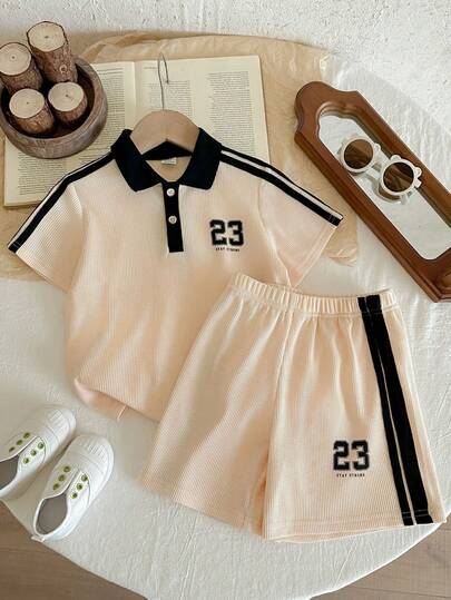 2件套男童针织撞色圆领休闲T恤和短裤套装